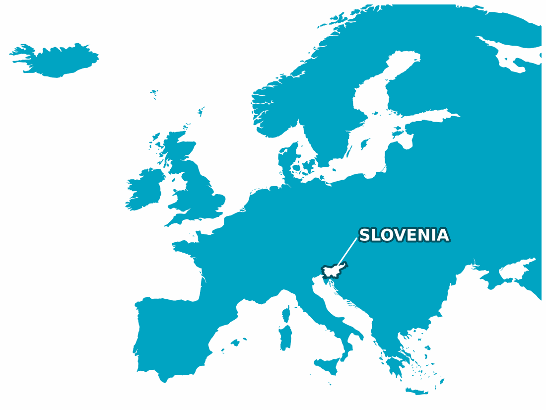 Map of Europe with Slovenia highlighted &mdash; Valens food supplement manufacturing facility in Komenda, Slovenia, EU